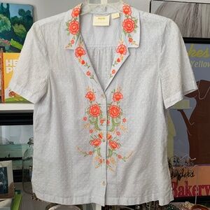 MAEVE by Anthropologie Christie Baby Blue Swiss Dot Top, Orange Embroidery